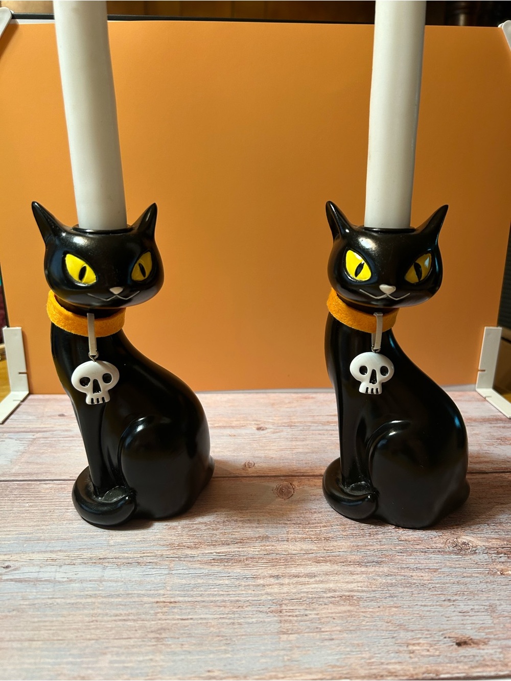 Black Ceramic Cat Candle Holders with Yellow Eyes and Skull Charms